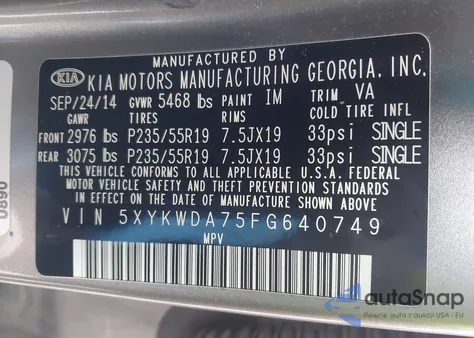 2015 Kia Sorento Limited V6 из США, поврежденный, VIN 5XYKWDA75FG640749